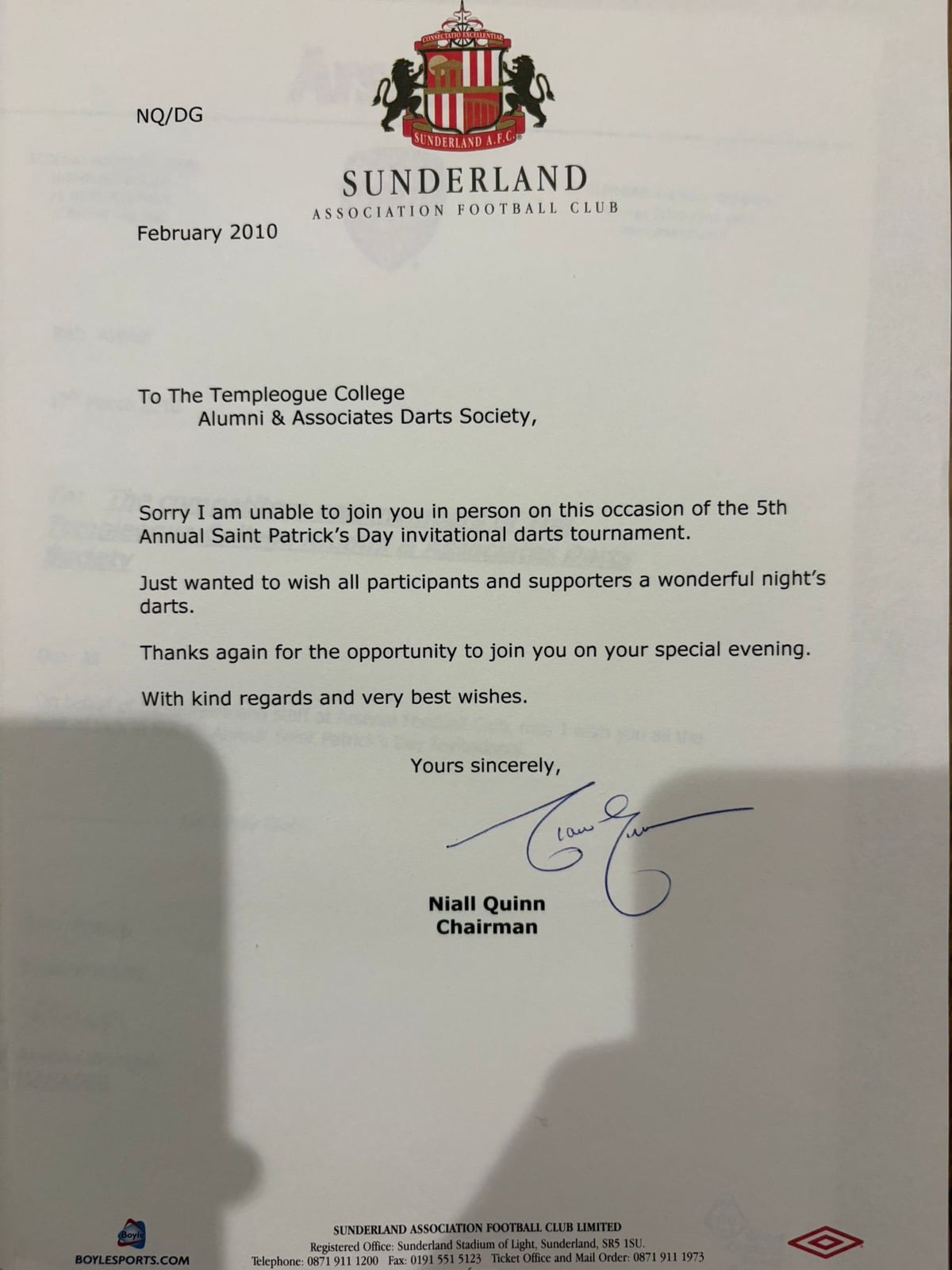 Letter from Niall Quinn wishing the PDI well, February 2010