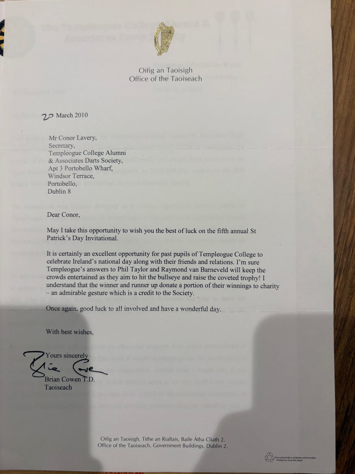 Letter from Taoiseach Brian Cowen wishing the PDI the best of luck, March 2010